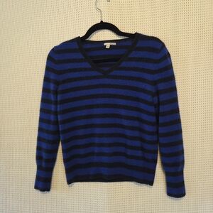100% Cashmere Halogen Sz Lg Striped V-Neck Sweater - Blue and Black